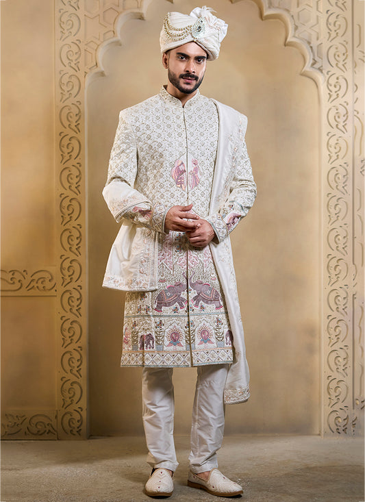 Off White Heavy Silk Heavy Embroidery Work Groom Wear Readymade Groom Sherwani SW428666