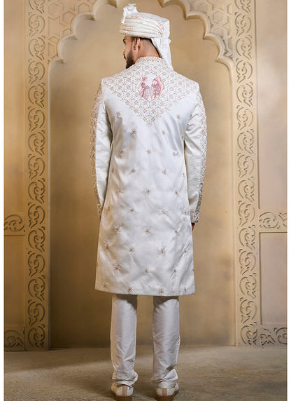 Off White Heavy Silk Heavy Embroidery Work Groom Wear Readymade Groom Sherwani SW428666