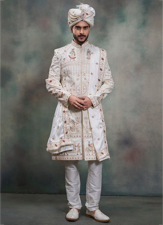 Off White Heavy Silk Heavy Embroidery Work Groom Wear Readymade Groom Sherwani SW444817