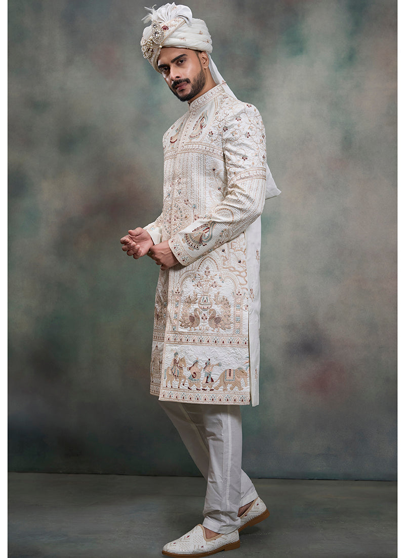 Off White Heavy Silk Heavy Embroidery Work Groom Wear Readymade Groom Sherwani SW444817