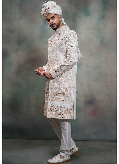 Off White Heavy Silk Heavy Embroidery Work Groom Wear Readymade Groom Sherwani SW444817