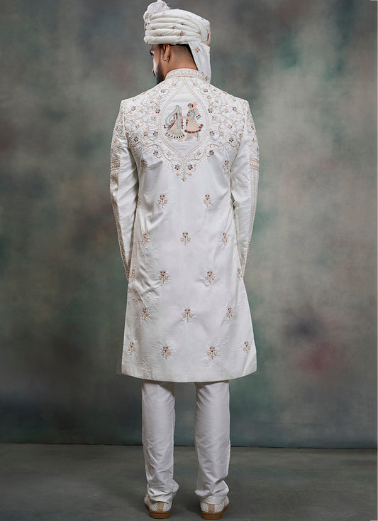 Off White Heavy Silk Heavy Embroidery Work Groom Wear Readymade Groom Sherwani SW444817
