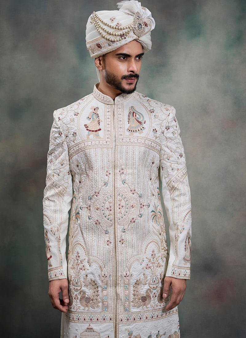 Off White Heavy Silk Heavy Embroidery Work Groom Wear Readymade Groom Sherwani SW444817