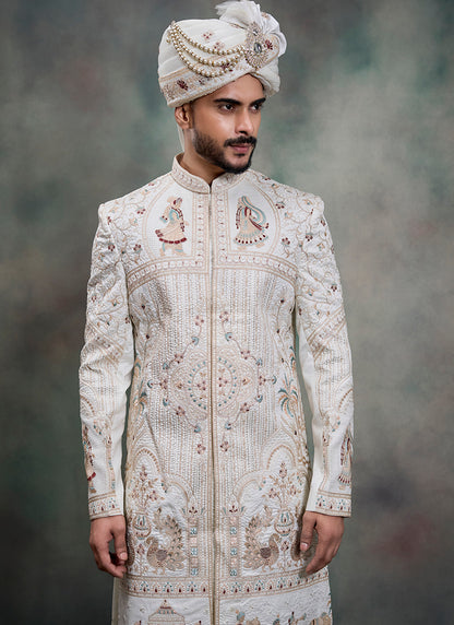 Off White Heavy Silk Heavy Embroidery Work Groom Wear Readymade Groom Sherwani SW444817