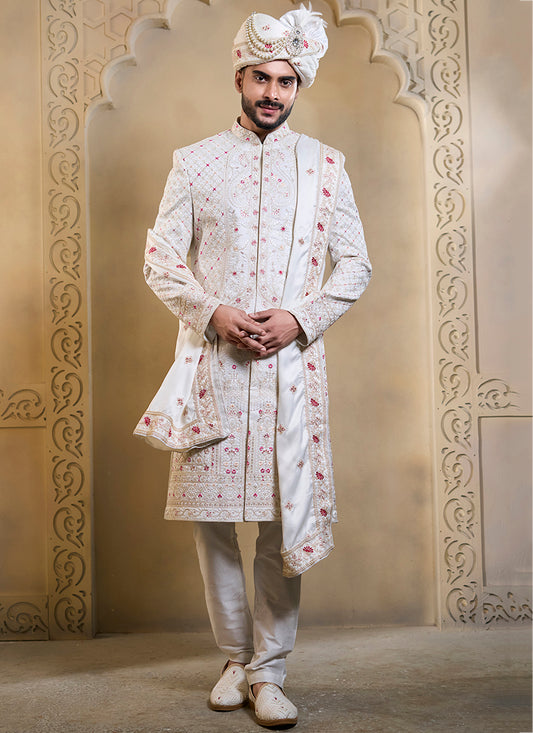 Off White Heavy Silk Heavy Embroidery Work Groom Wear Readymade Groom Sherwani SW172934