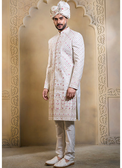 Off White Heavy Silk Heavy Embroidery Work Groom Wear Readymade Groom Sherwani SW172934