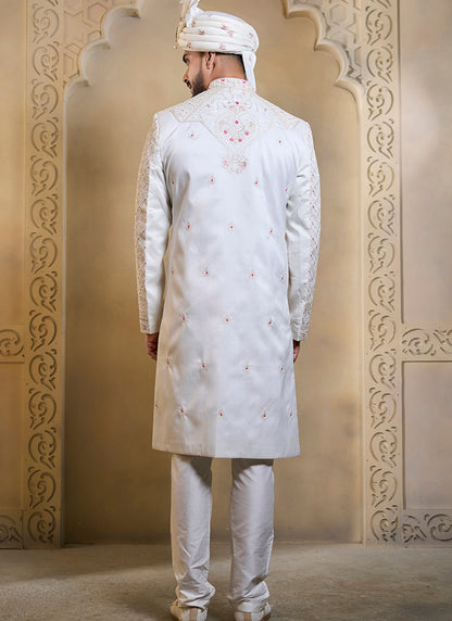 Off White Heavy Silk Heavy Embroidery Work Groom Wear Readymade Groom Sherwani SW172934