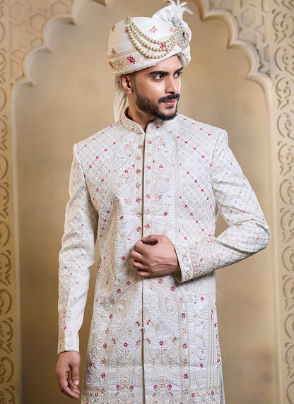 Off White Heavy Silk Heavy Embroidery Work Groom Wear Readymade Groom Sherwani SW172934