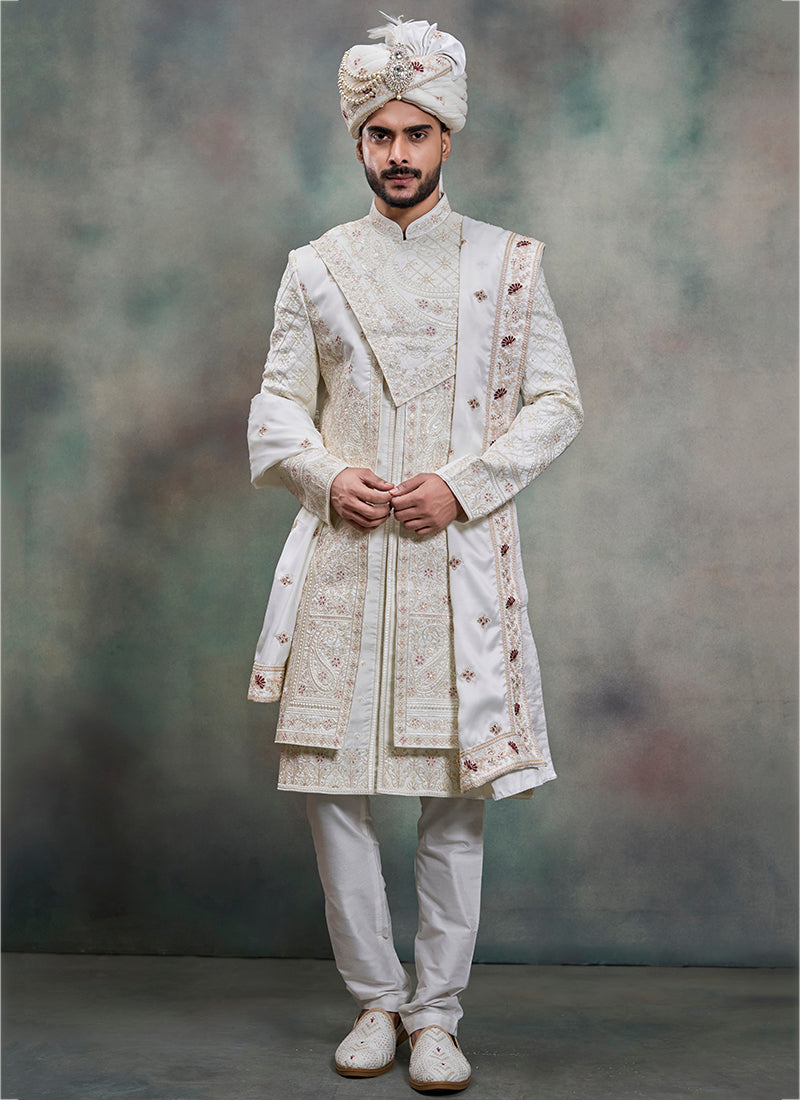 Off White Heavy Silk Heavy Embroidery Work Groom Wear Readymade Groom Sherwani SW619849