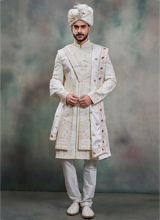 Off White Heavy Silk Heavy Embroidery Work Groom Wear Readymade Groom Sherwani SW619849