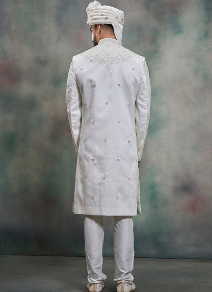 Off White Heavy Silk Heavy Embroidery Work Groom Wear Readymade Groom Sherwani SW619849