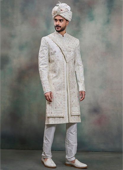 Off White Heavy Silk Heavy Embroidery Work Groom Wear Readymade Groom Sherwani SW619849