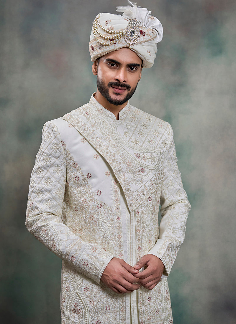 Off White Heavy Silk Heavy Embroidery Work Groom Wear Readymade Groom Sherwani SW619849