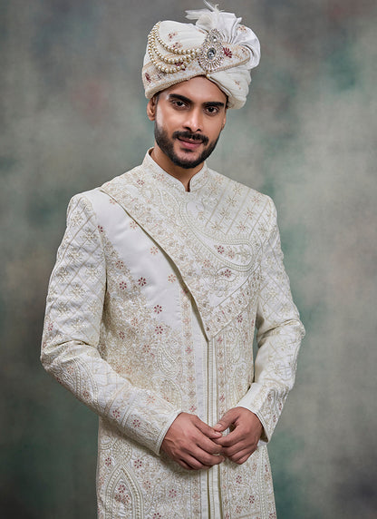 Off White Heavy Silk Heavy Embroidery Work Groom Wear Readymade Groom Sherwani SW619849