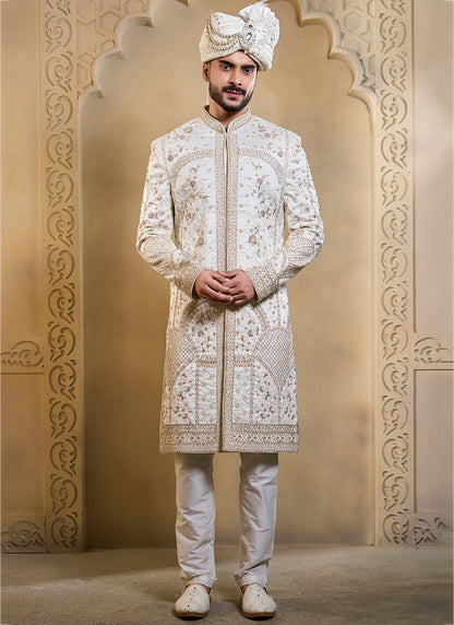 Off White Heavy Silk Heavy Embroidery Work Groom Wear Readymade Groom Sherwani SW766496