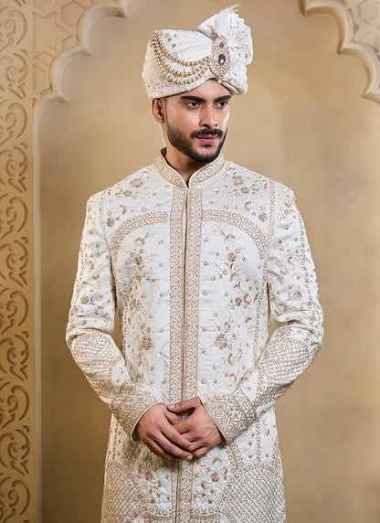 Off White Heavy Silk Heavy Embroidery Work Groom Wear Readymade Groom Sherwani SW766496