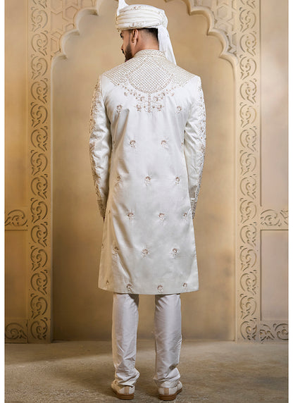 Off White Heavy Silk Heavy Embroidery Work Groom Wear Readymade Groom Sherwani SW766496