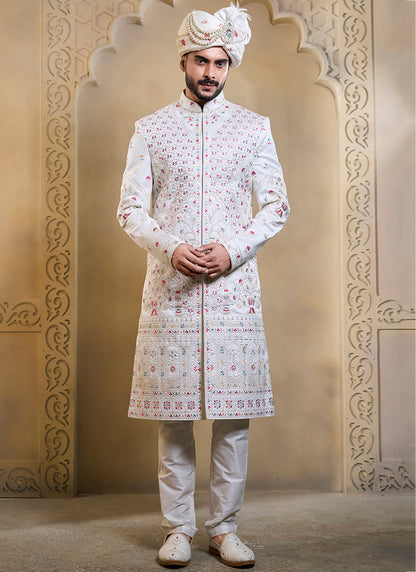 Off White Heavy Silk Heavy Embroidery Work Groom Wear Readymade Groom Sherwani SW686871