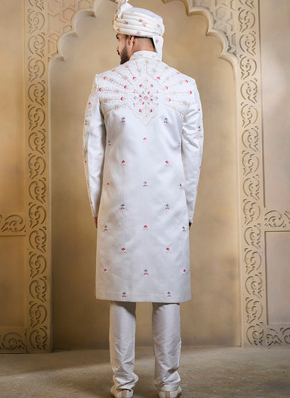 Off White Heavy Silk Heavy Embroidery Work Groom Wear Readymade Groom Sherwani SW686871