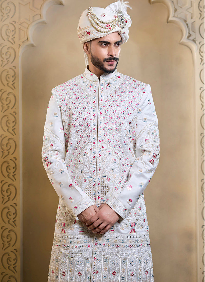 Off White Heavy Silk Heavy Embroidery Work Groom Wear Readymade Groom Sherwani SW686871