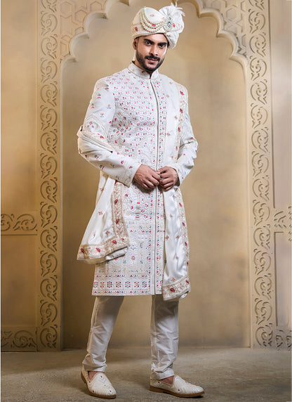 Off White Heavy Silk Heavy Embroidery Work Groom Wear Readymade Groom Sherwani SW686871
