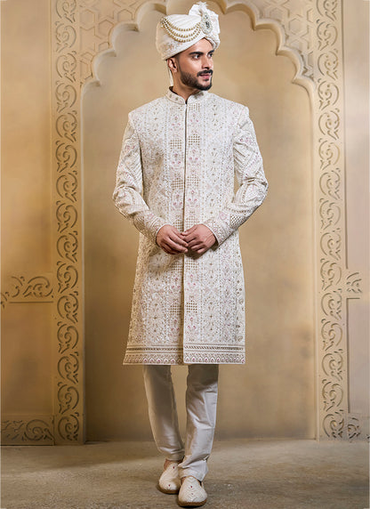 Off White Heavy Silk Heavy Embroidery Work Groom Wear Readymade Groom Sherwani SW536971