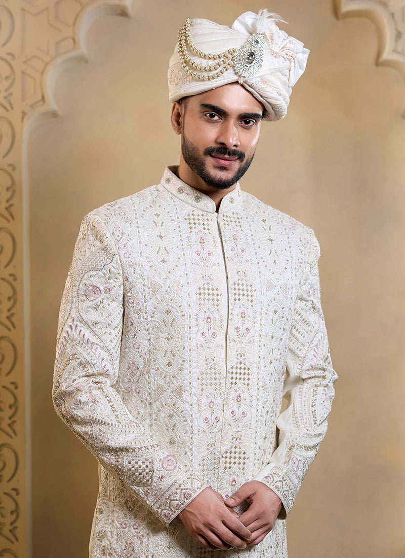 Off White Heavy Silk Heavy Embroidery Work Groom Wear Readymade Groom Sherwani SW536971