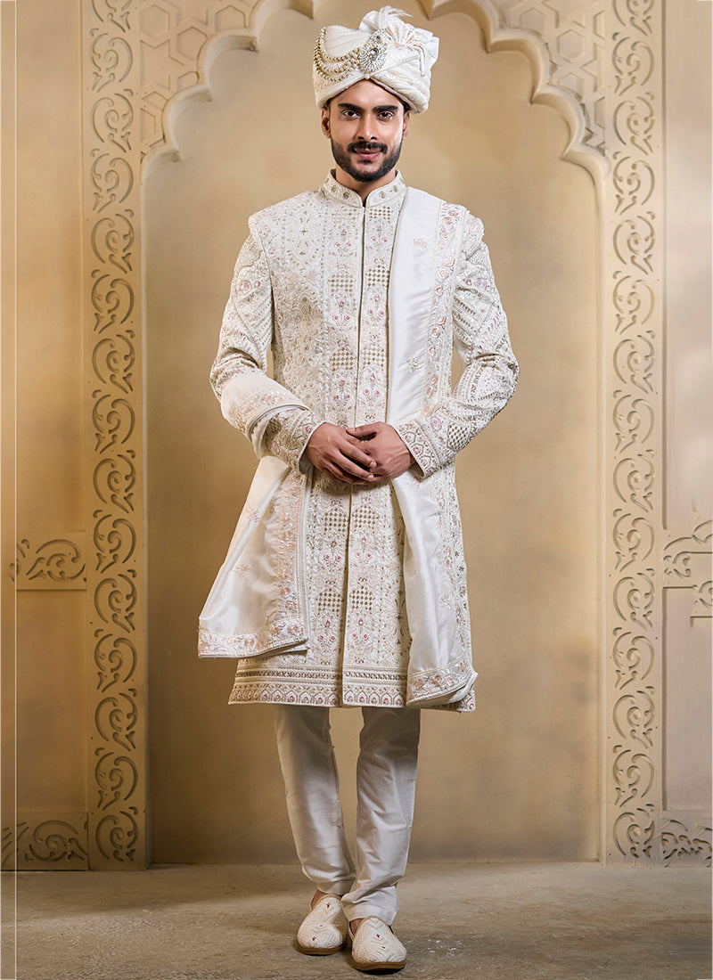 Off White Heavy Silk Heavy Embroidery Work Groom Wear Readymade Groom Sherwani SW536971