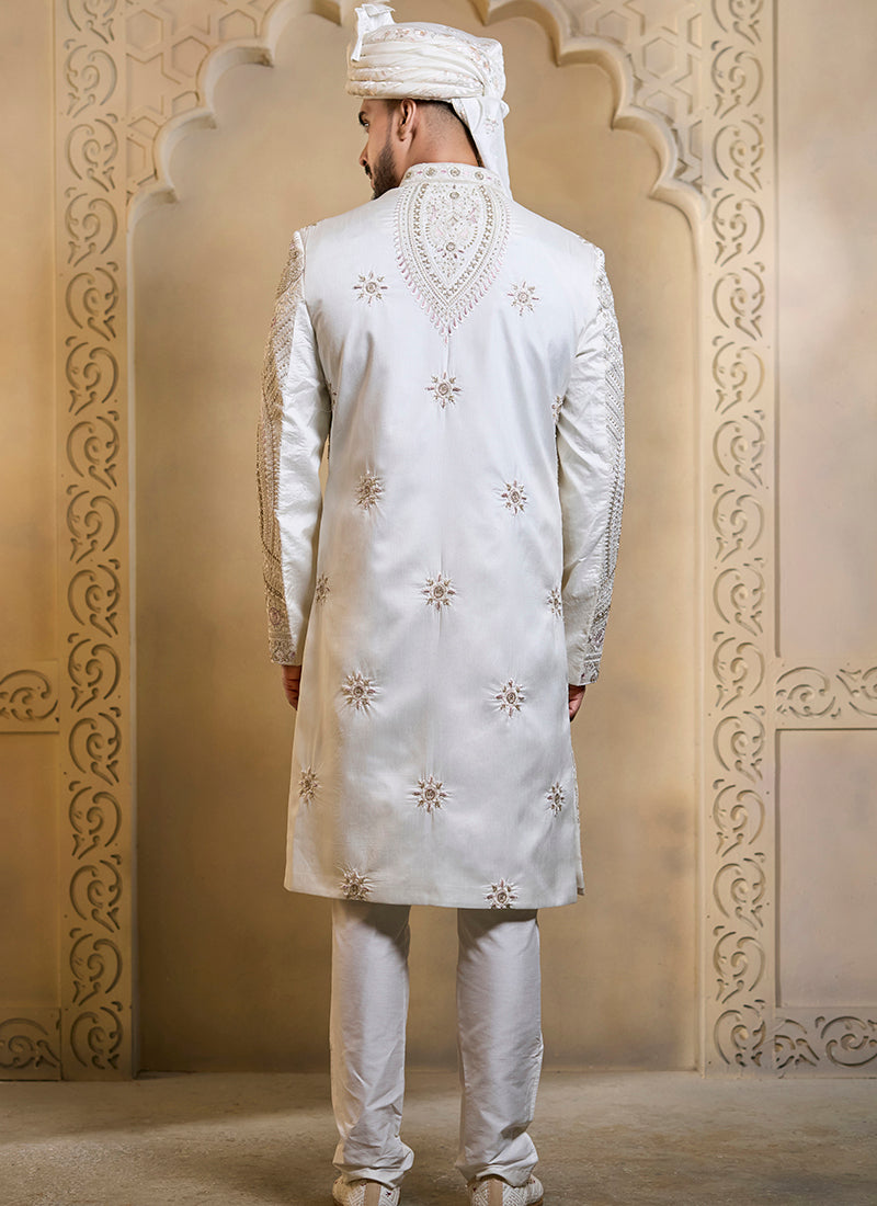Off White Heavy Silk Heavy Embroidery Work Groom Wear Readymade Groom Sherwani SW536971
