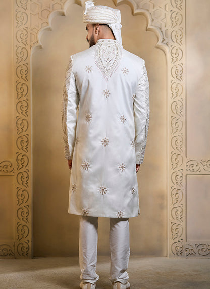 Off White Heavy Silk Heavy Embroidery Work Groom Wear Readymade Groom Sherwani SW536971