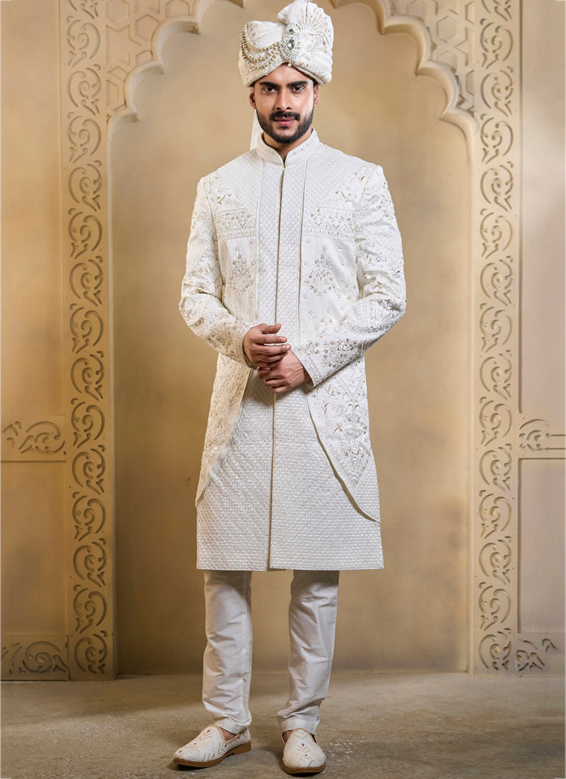 Off White Heavy Silk Heavy Embroidery Work Groom Wear Readymade Groom Sherwani SW609266