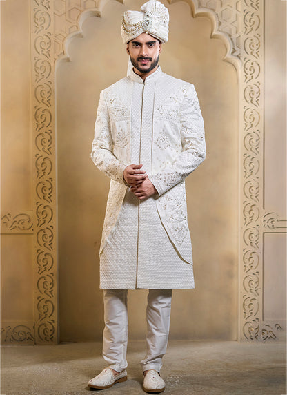 Off White Heavy Silk Heavy Embroidery Work Groom Wear Readymade Groom Sherwani SW609266