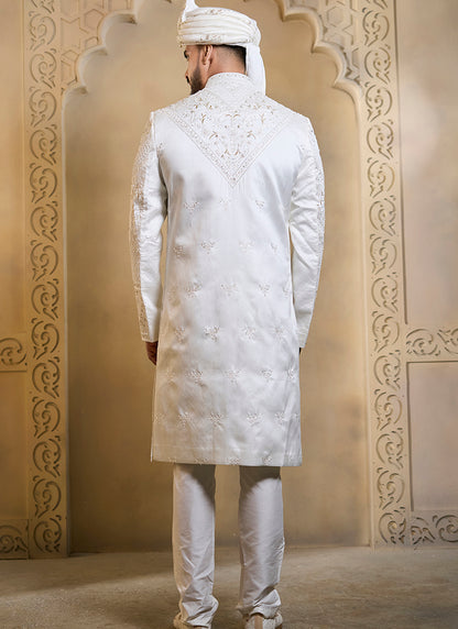 Off White Heavy Silk Heavy Embroidery Work Groom Wear Readymade Groom Sherwani SW609266