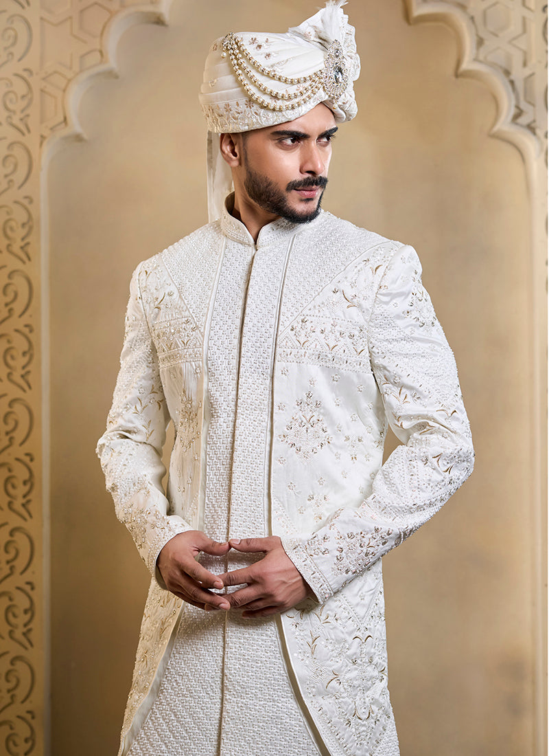 Off White Heavy Silk Heavy Embroidery Work Groom Wear Readymade Groom Sherwani SW609266