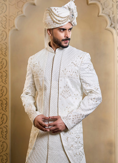 Off White Heavy Silk Heavy Embroidery Work Groom Wear Readymade Groom Sherwani SW609266