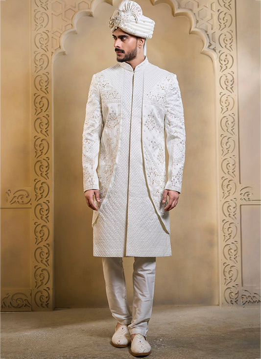 Off White Heavy Silk Heavy Embroidery Work Groom Wear Readymade Groom Sherwani SW609266
