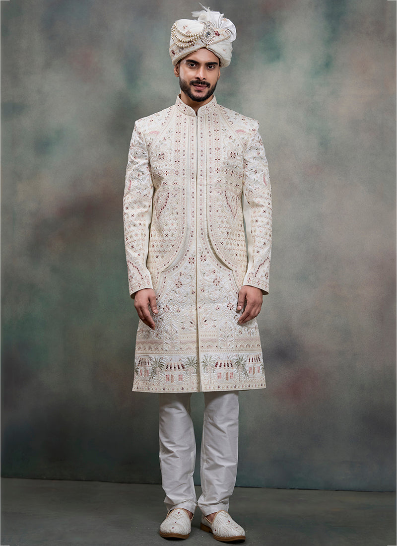 Off White Heavy Silk Heavy Embroidery Work Groom Wear Readymade Groom Sherwani SW440447