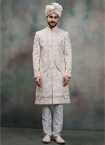 Off White Heavy Silk Heavy Embroidery Work Groom Wear Readymade Groom Sherwani SW440447