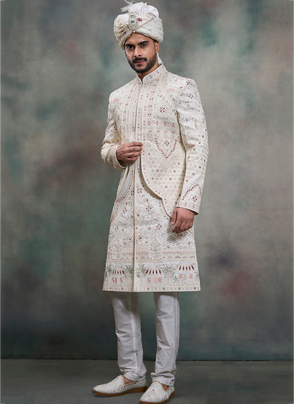 Off White Heavy Silk Heavy Embroidery Work Groom Wear Readymade Groom Sherwani SW440447