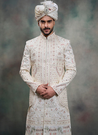 Off White Heavy Silk Heavy Embroidery Work Groom Wear Readymade Groom Sherwani SW440447
