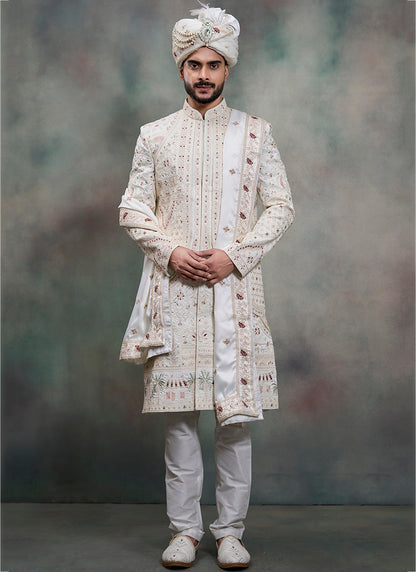 Off White Heavy Silk Heavy Embroidery Work Groom Wear Readymade Groom Sherwani SW440447