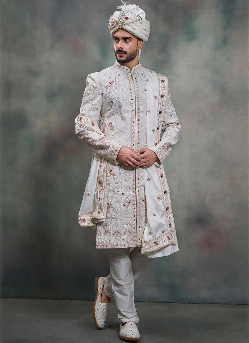 Off White Heavy Silk Heavy Embroidery Work Groom Wear Readymade Groom Sherwani SW447383