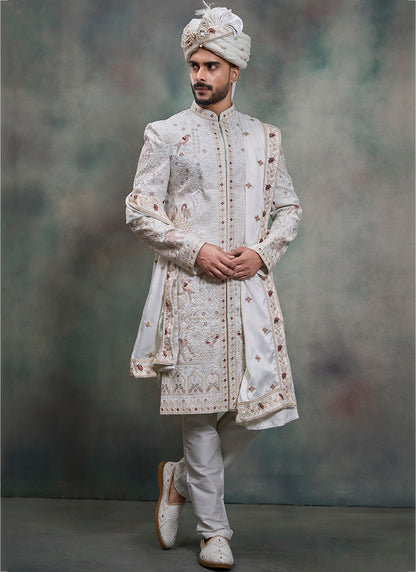 Off White Heavy Silk Heavy Embroidery Work Groom Wear Readymade Groom Sherwani SW447383
