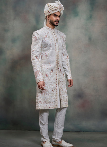 Off White Heavy Silk Heavy Embroidery Work Groom Wear Readymade Groom Sherwani SW447383