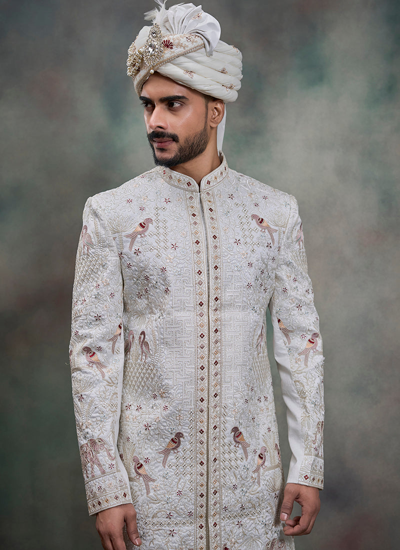 Off White Heavy Silk Heavy Embroidery Work Groom Wear Readymade Groom Sherwani SW447383