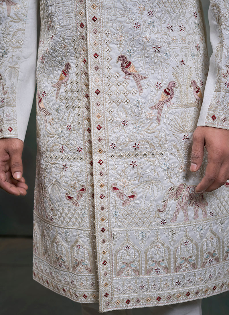 Off White Heavy Silk Heavy Embroidery Work Groom Wear Readymade Groom Sherwani SW447383