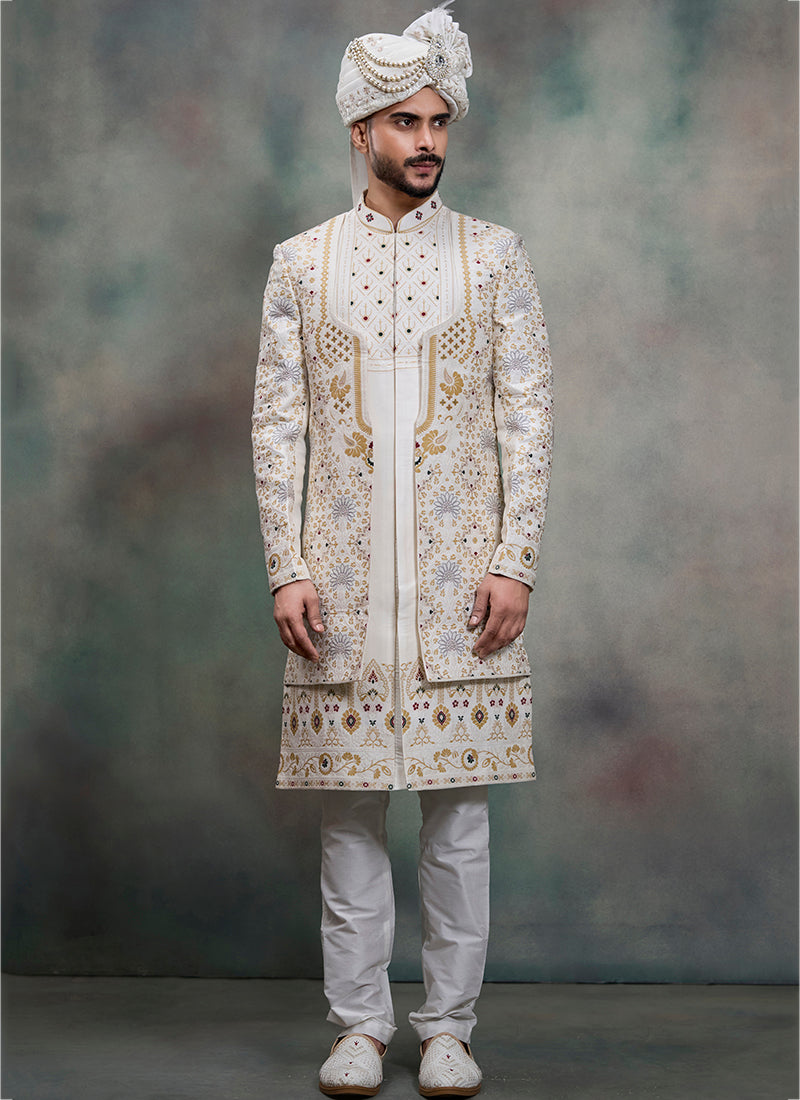 Off White Heavy Silk Jacquard Groom Wear Readymade Groom Sherwani SW819630