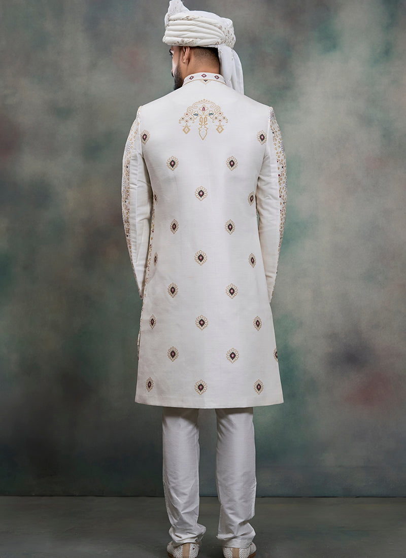 Off White Heavy Silk Jacquard Groom Wear Readymade Groom Sherwani SW819630