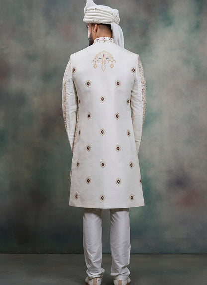 Off White Heavy Silk Jacquard Groom Wear Readymade Groom Sherwani SW819630