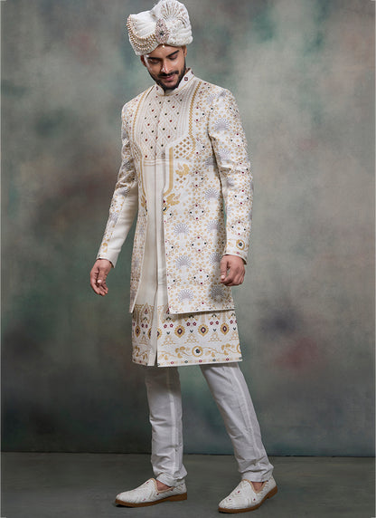 Off White Heavy Silk Jacquard Groom Wear Readymade Groom Sherwani SW819630